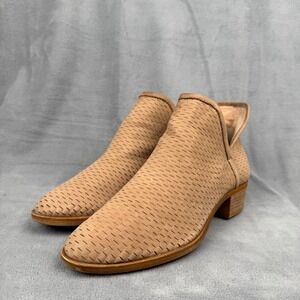 Lucky Brand Perforated Suede Ankle Booties Tan Block Heel Women's Size 8M